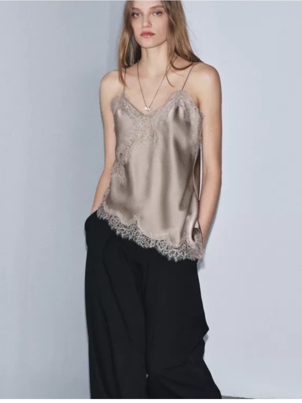 Zara Lace Cami Asymmetrical tank mink grey taupe mushroom beige color